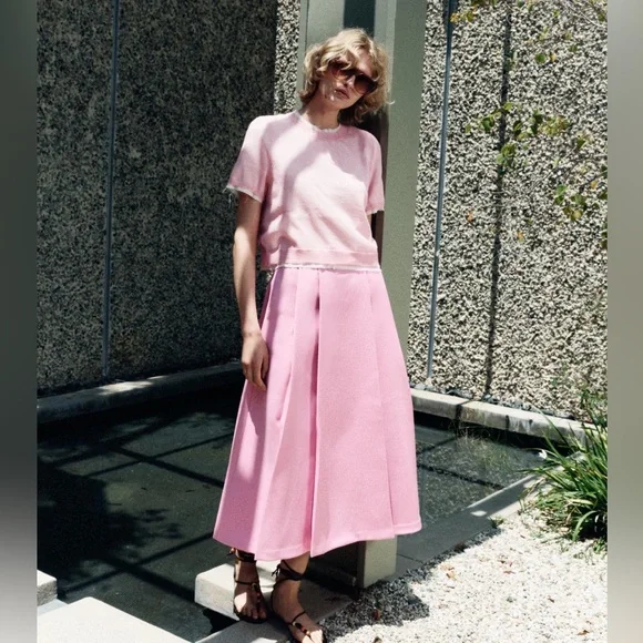 ZARA Rare Pink Wide Pleat Cape Midi Skirt w/ Zipper Closure Size Small Pink NEW